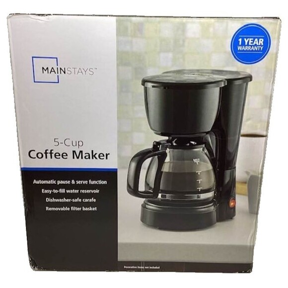 Mainstays 5 Cup Drip Coffee Maker Black Carafe Easy Fill Pause Filter Basket NEW - Picture 1 of 4